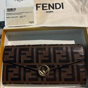 Fendi FF embossed brown and Black leather Wallet with Gold Logo